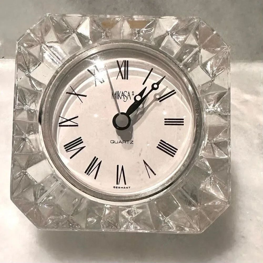 Vintage Mikasa Quartz Clear Crystal Clock 4” x 4” x 3”
